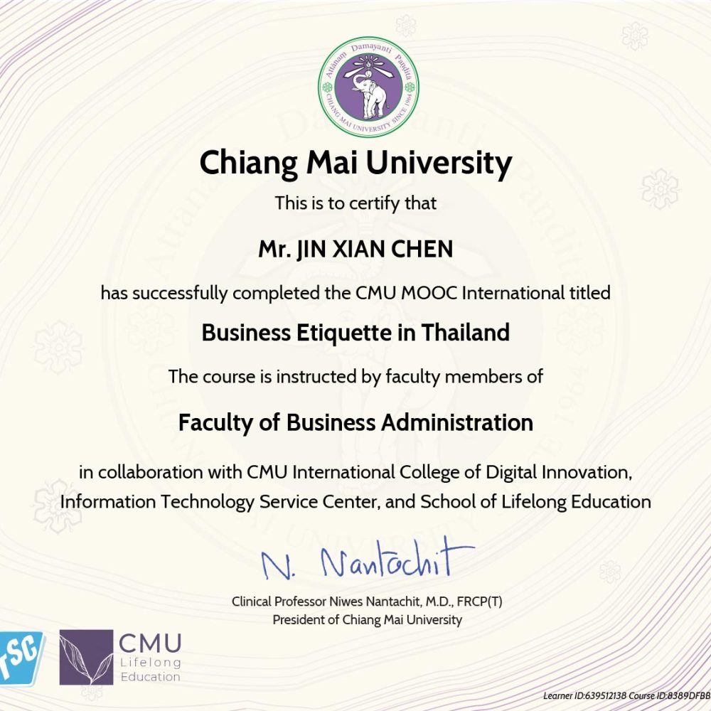 Chiang-Mai-University-Electronics-Certificate-etika-business-CHEN-JIN-XIAN